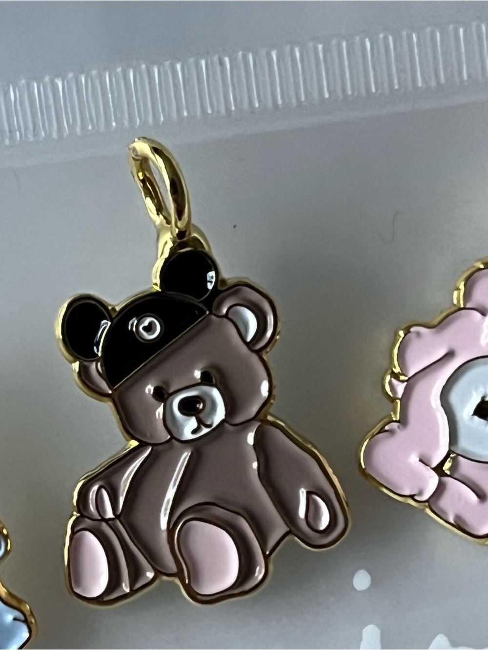 Gold-Trim Disney Inspired Teddy Bear Charm Set of Three - Pink, Brown, Blue - Picture 3 of 4